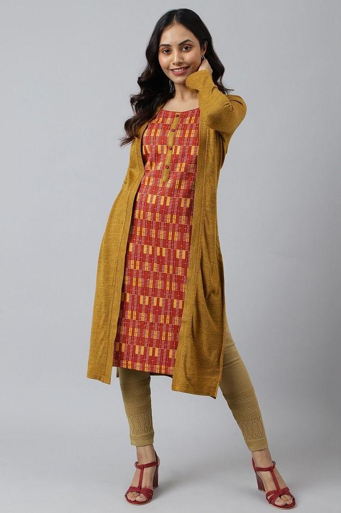 yellow double layered printed winter kurta