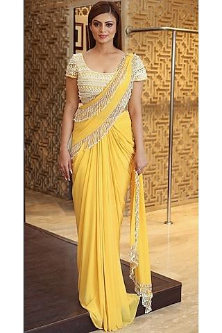 yellow draped saree set