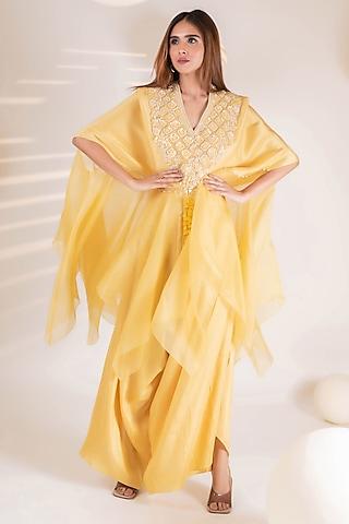yellow dupion & organza sequins embroidered flowy tunic set