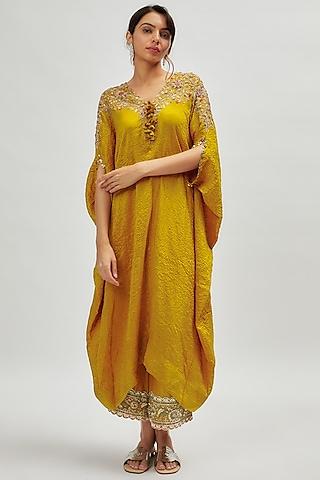 yellow dupion embroidered kaftan set