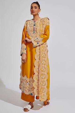 yellow dupion embroidered kurta set