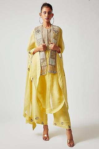 yellow dupion embroidered kurta set