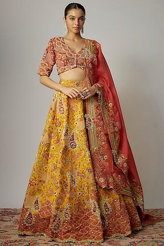 yellow dupion paisley embroidered lehenga set