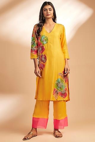 yellow dupion silk & organza hand embroidered kurta set