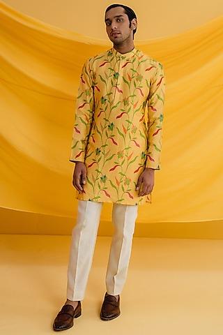 yellow dupion silk digital printed kurta set