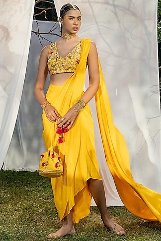 yellow dupion silk draped saree set