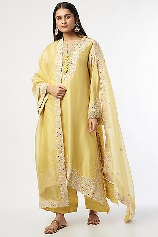 yellow dupion silk embroidered kurta set