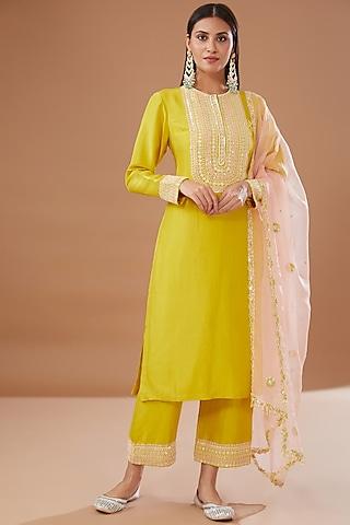 yellow dupion silk embroidered kurta set