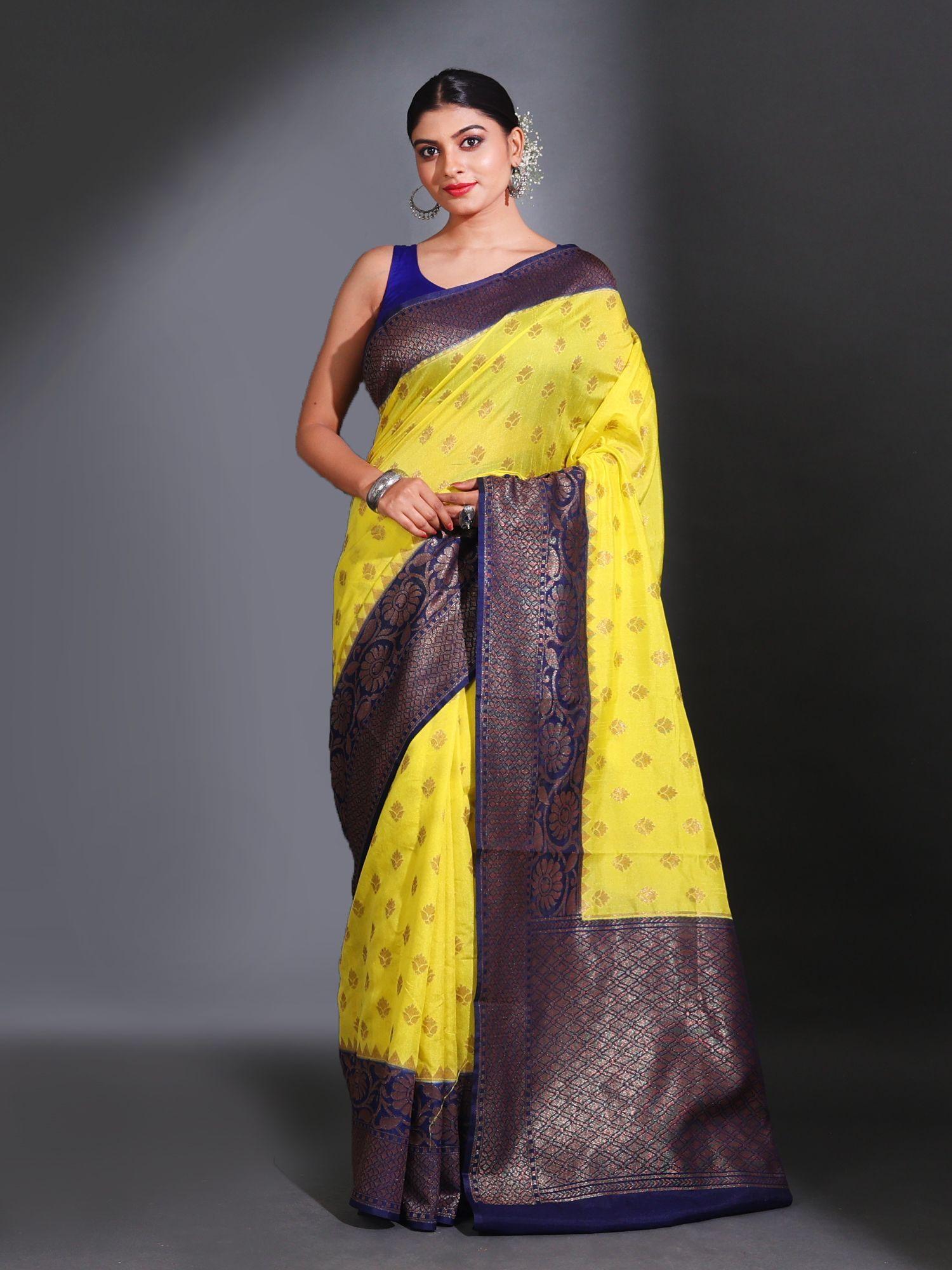 yellow dupion silk handwoven zari floral pattern saree with unstitched blouse