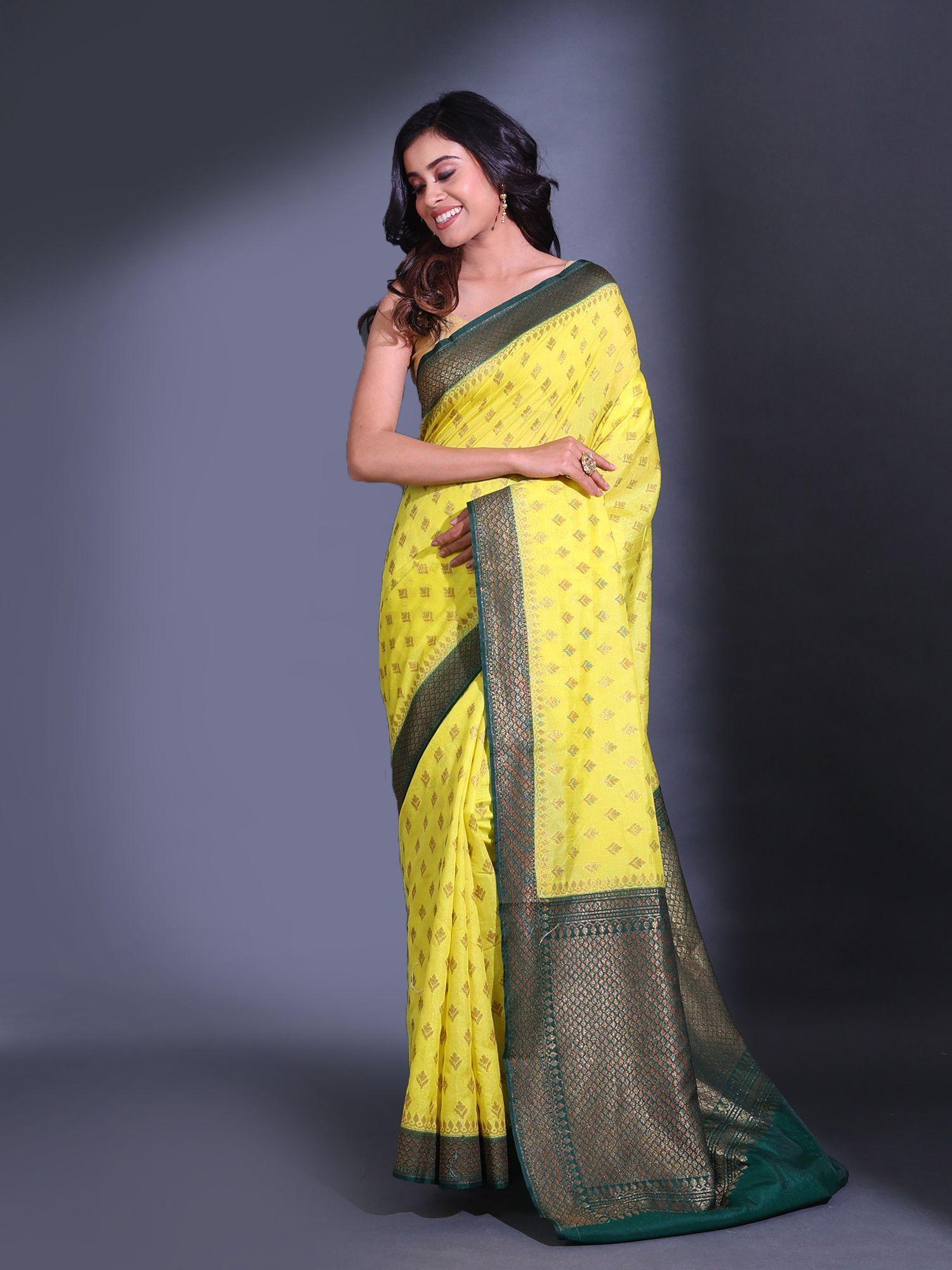 yellow dupion silk handwoven zari floral pattern saree with unstitched blouse