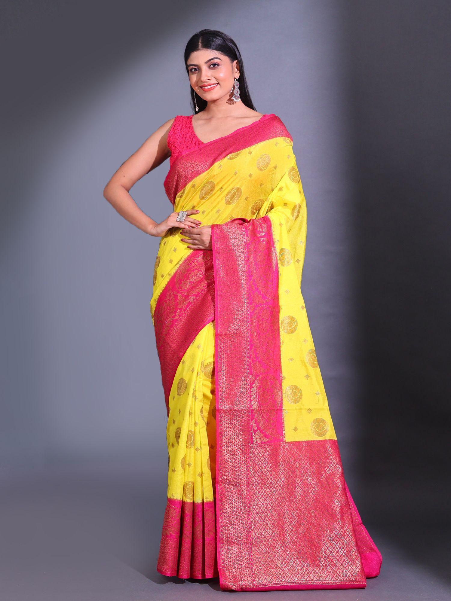 yellow dupion silk handwoven zari geometric paisley pattern saree with unstitched blouse