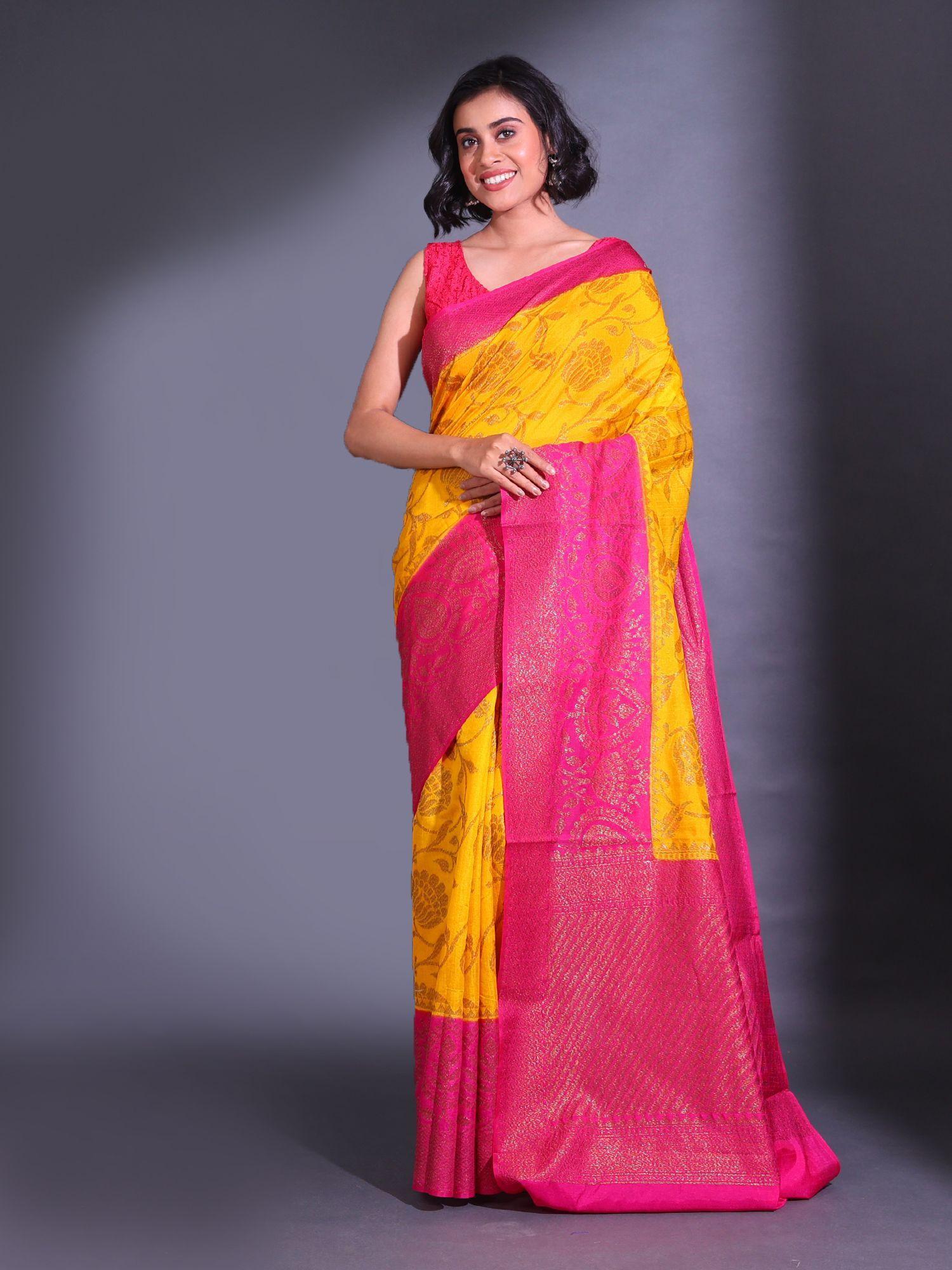 yellow dupion silk handwoven zari lotus pattern saree with unstitched blouse