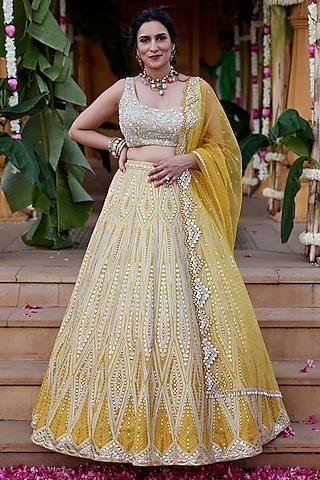 yellow dupion silk mirror & applique embroidered lehenga set