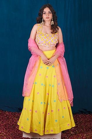 yellow dupion silk sequins embroidered lehenga set