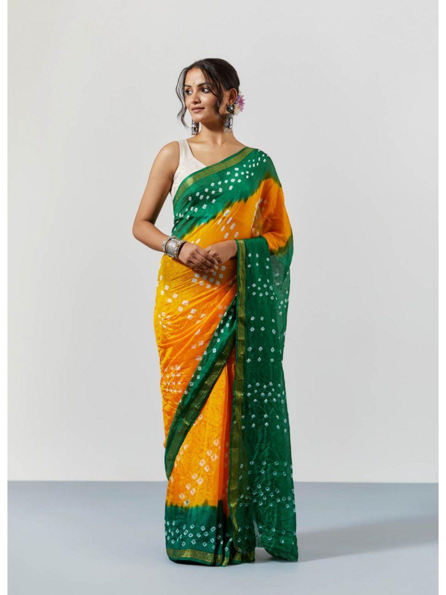 yellow dyed bandhani silk saree with unstitched blouse