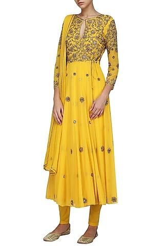 yellow embellished anarkali set