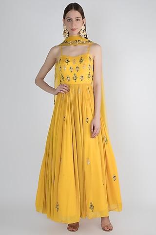 yellow embellished anarkali with dupatta