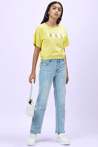 yellow embellished casual half sleeves round neck girls regular fit top