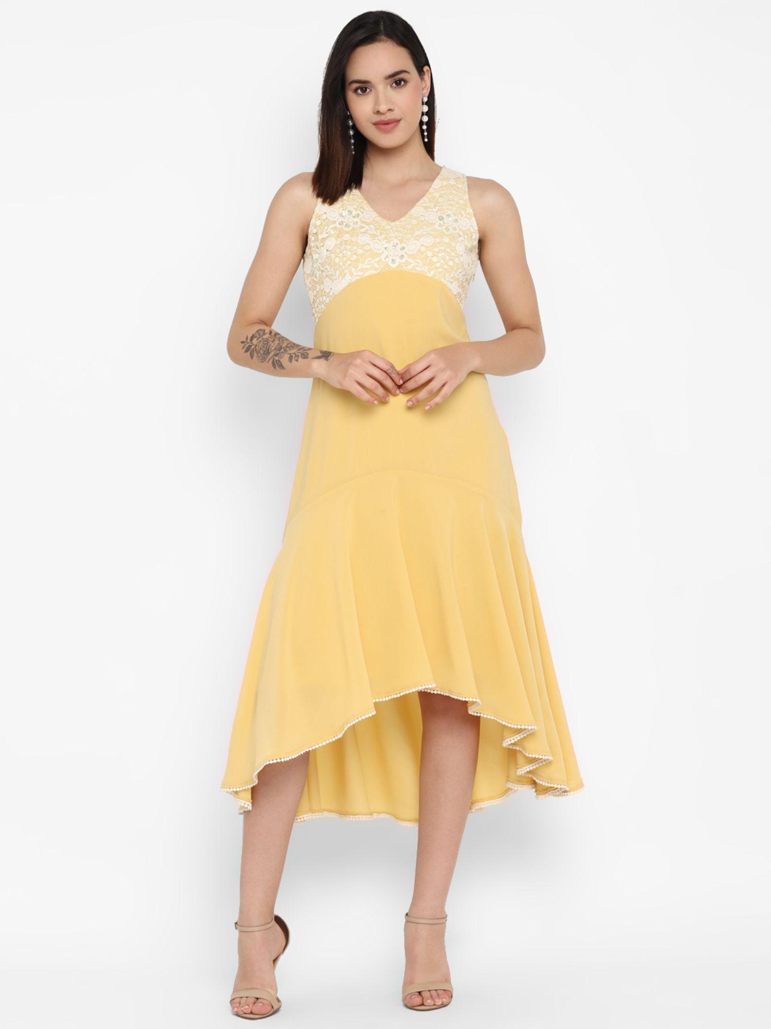 yellow embellished georgette midi dress for women