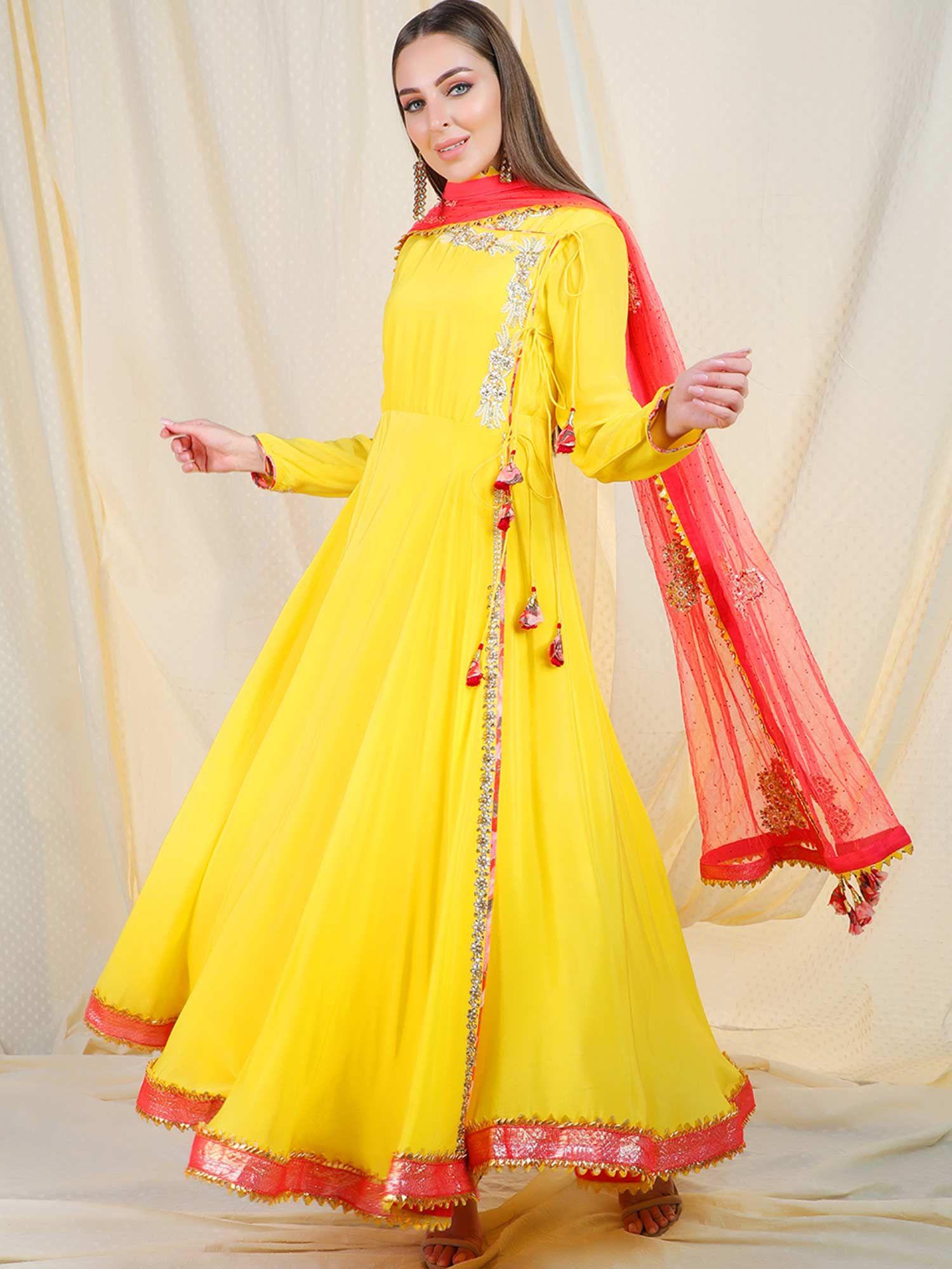 yellow embellished long sleeves angarkha and churidar with pant - customisable (set of 3)