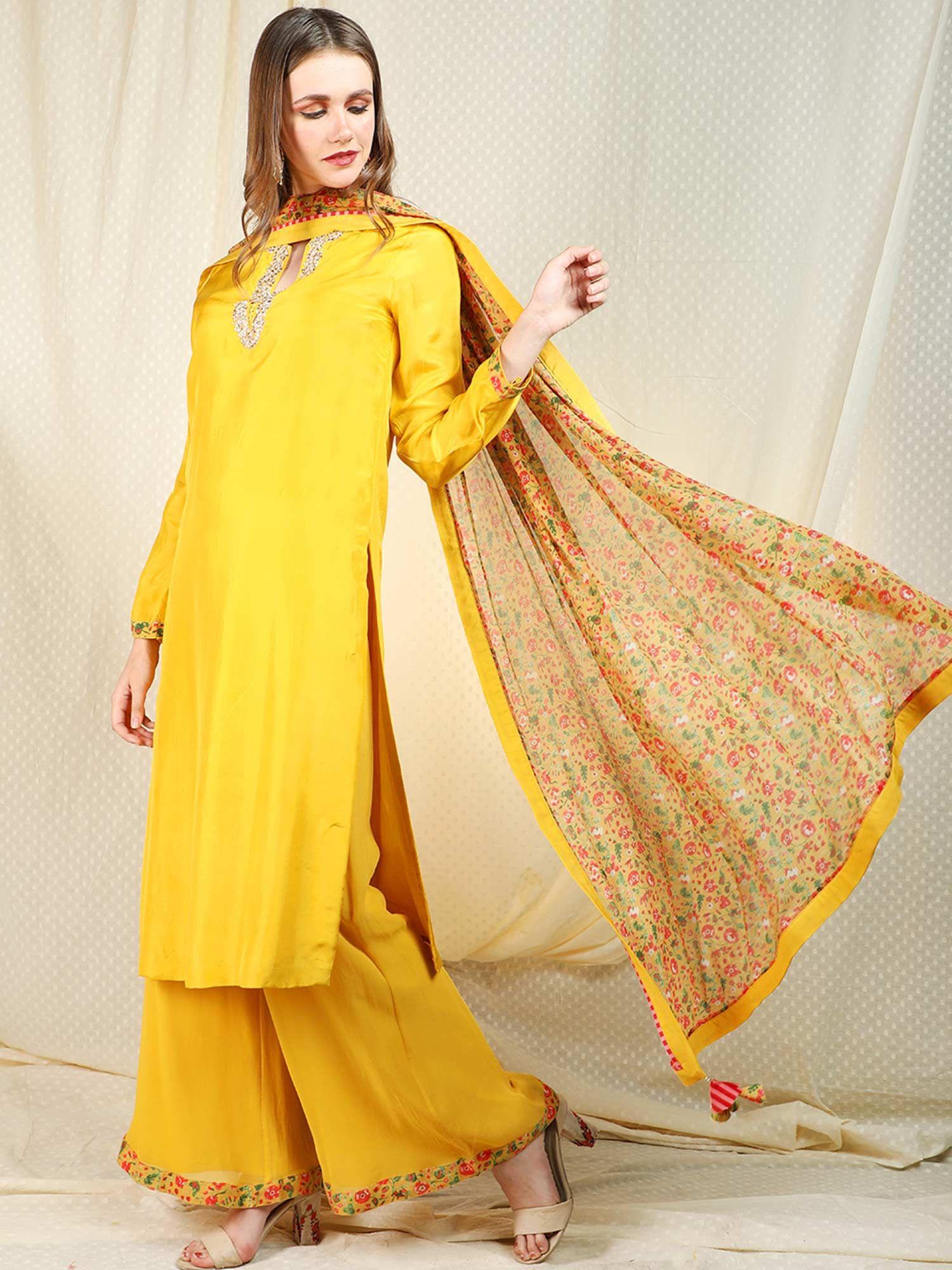 yellow embellished long sleeves kurta and palazzo with dupatta - customisable (set of 3)