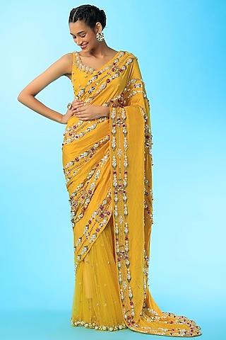 yellow embellished pre-stitched saree set