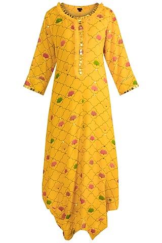 yellow embellished printed kurta dress with inner slip