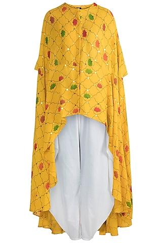 yellow embellished printed top with cowl pants