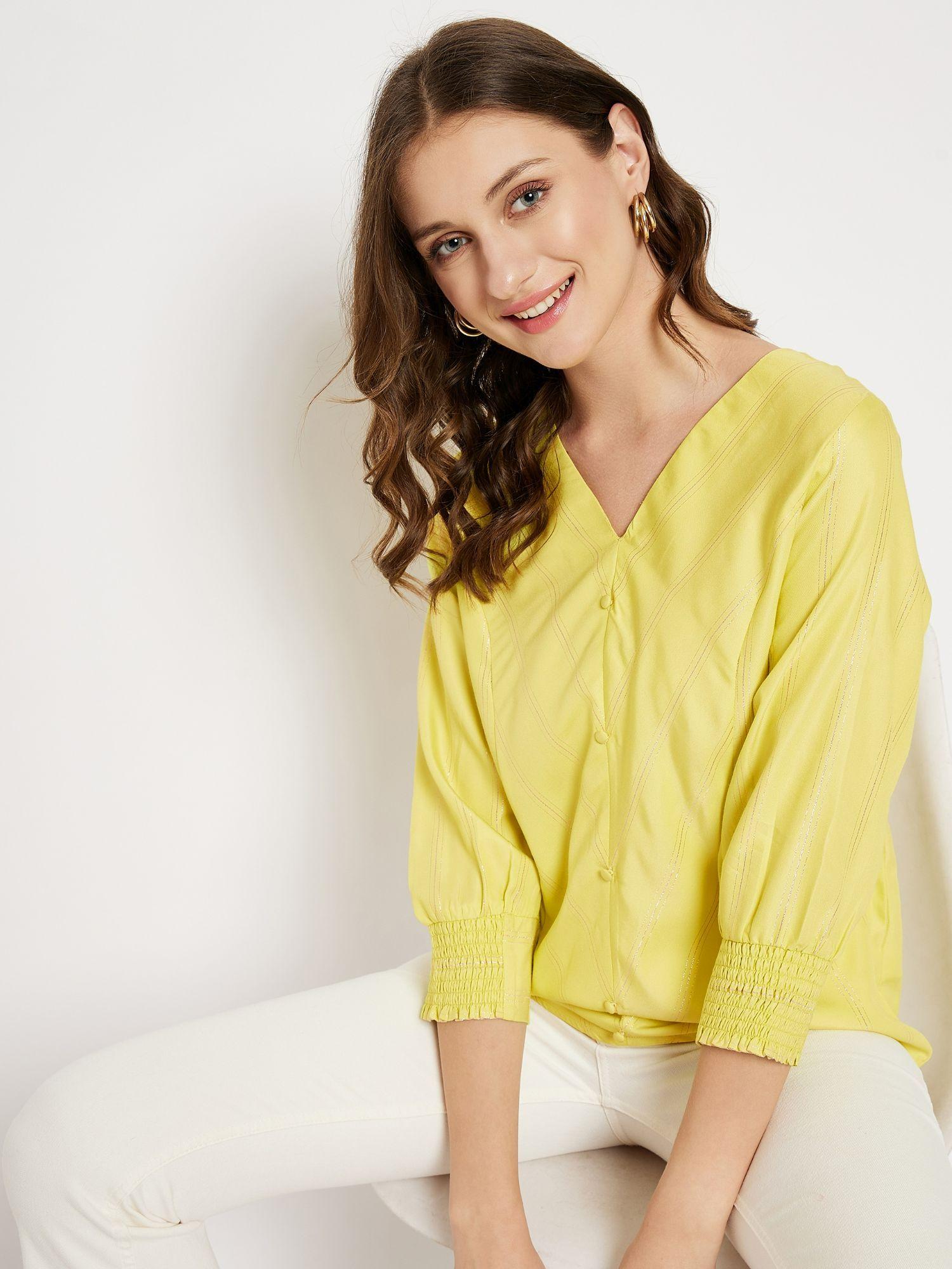 yellow embellished sequined v-neck tops