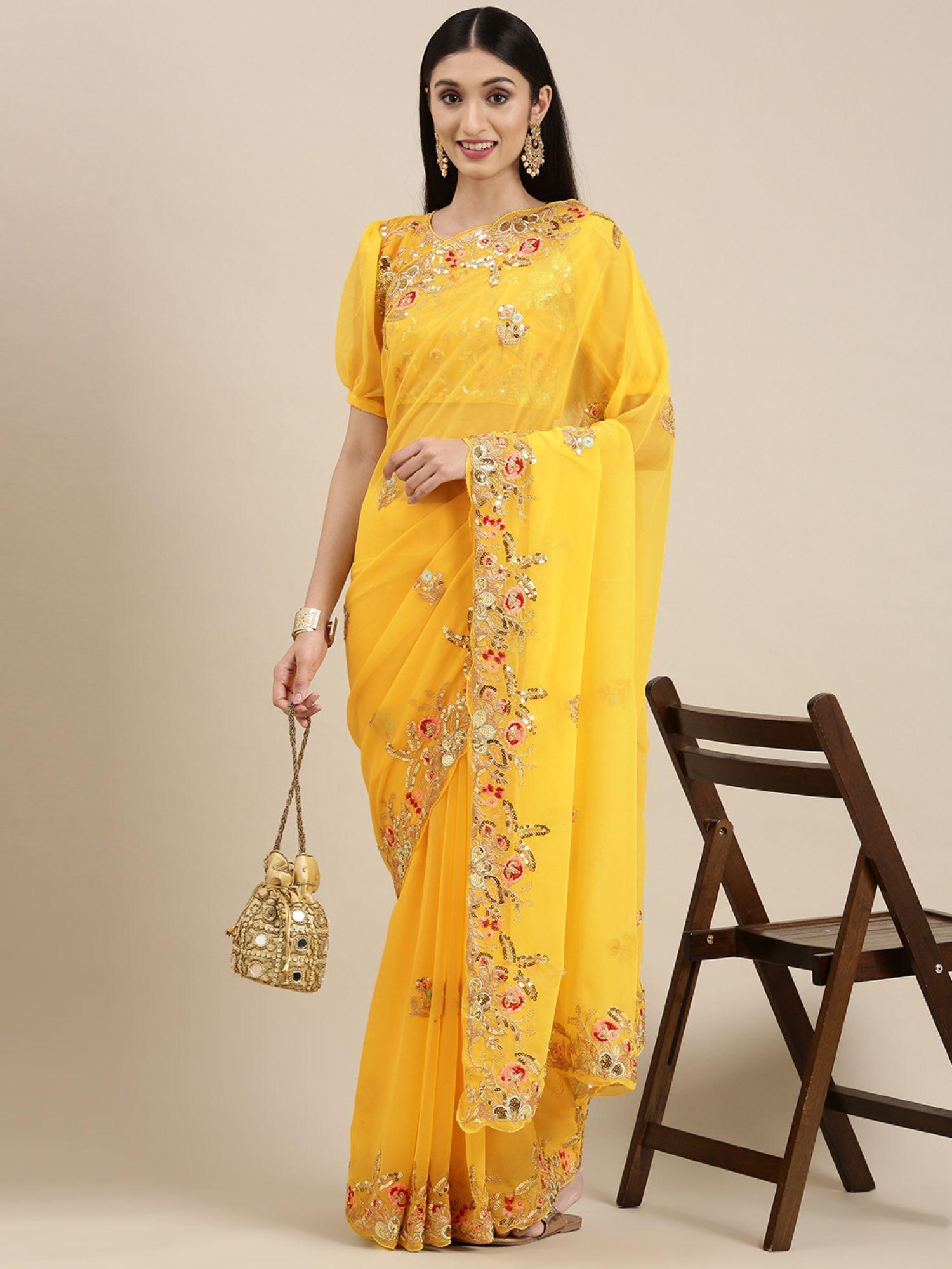 yellow embellished sequinned saree with unstitched blouse