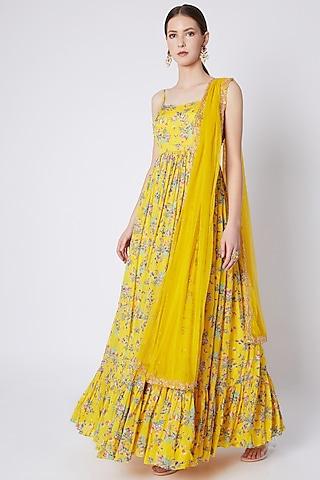 yellow embroidered & printed anarakali with dupatta