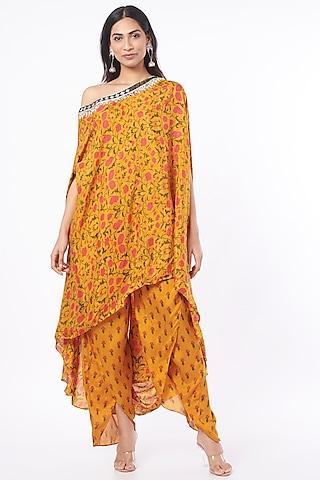 yellow embroidered & printed cape set