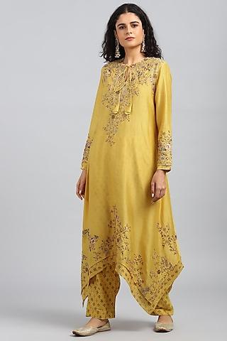 yellow embroidered & printed kurta set