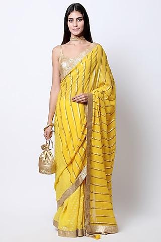 yellow embroidered & printed saree set