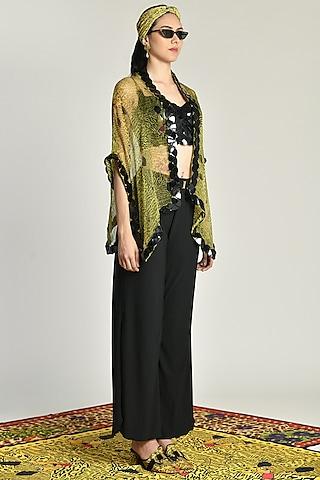 yellow embroidered & printed sheer cape