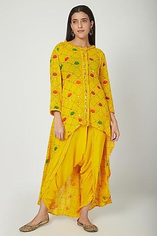 yellow embroidered & printed tunic with pants