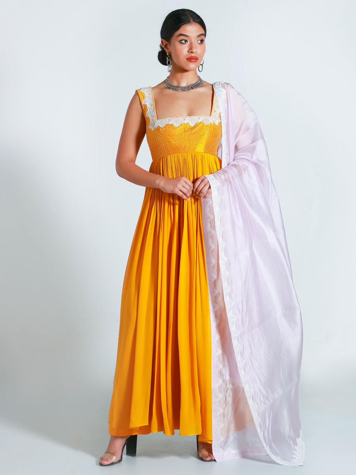 yellow embroidered anarkali and dupatta (set of 2)