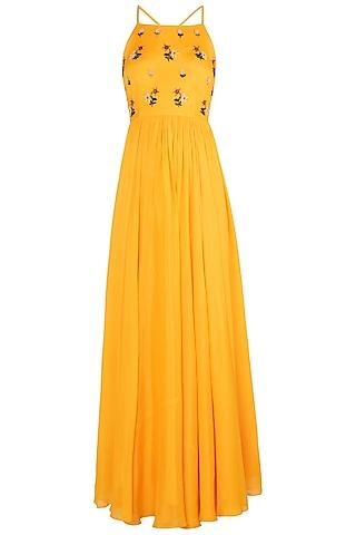 yellow embroidered anarkali gown set