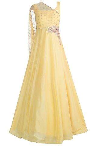 yellow embroidered anarkali gown with draped dupatta