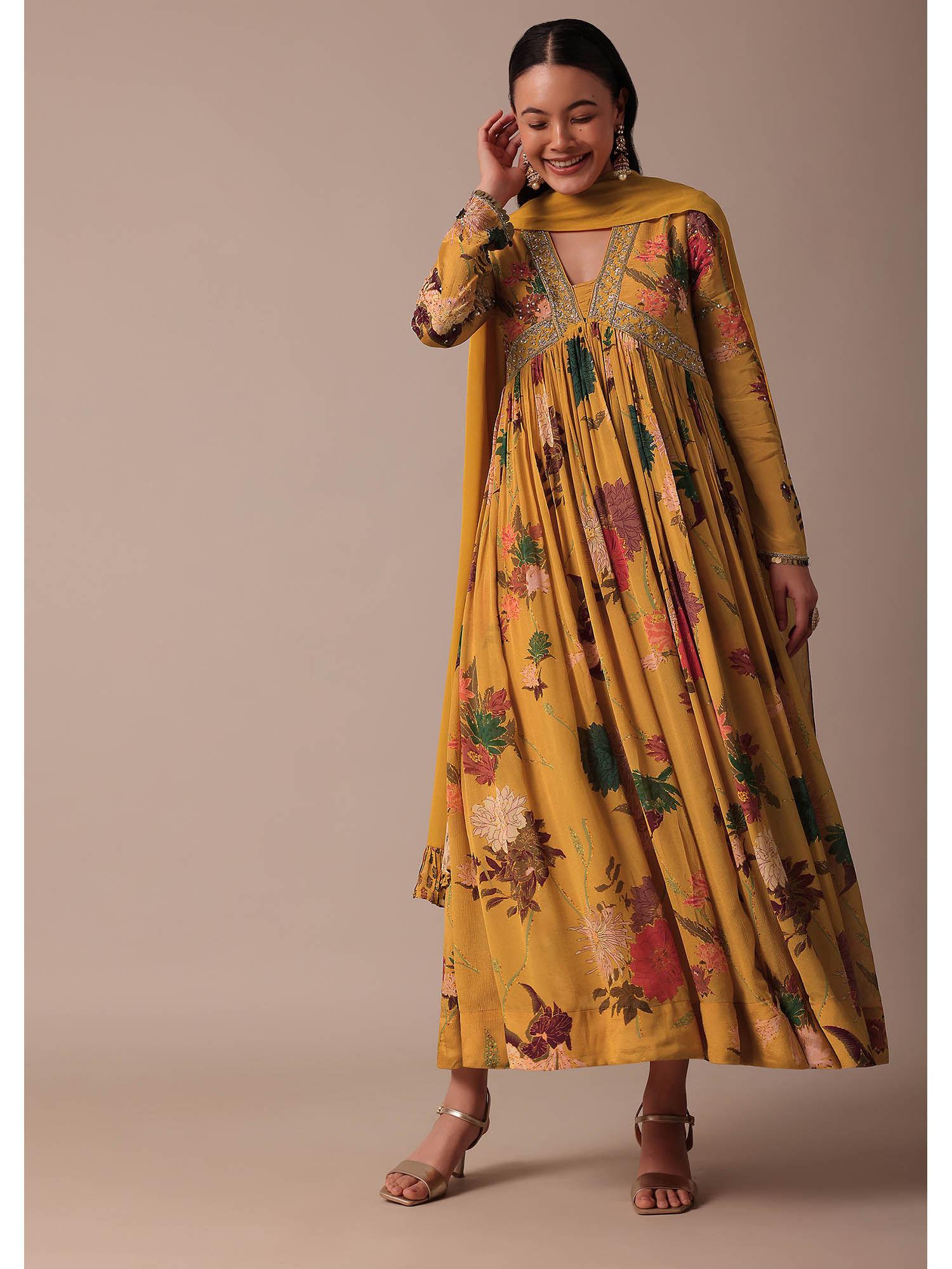 yellow embroidered anarkali kurta with dupatta (set of 2)