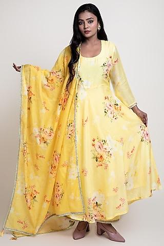 yellow embroidered anarkali set