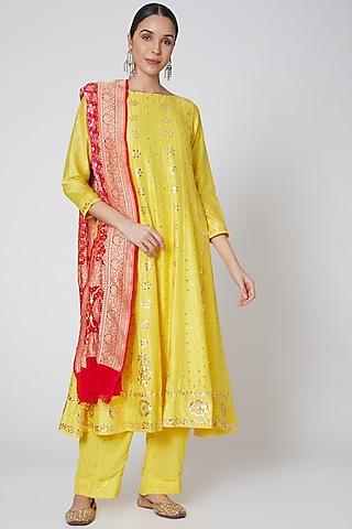 yellow embroidered anarkali set