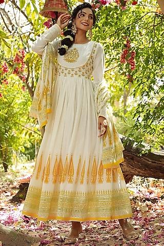 yellow embroidered anarkali set