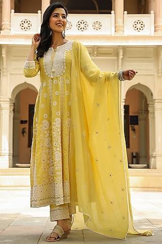 yellow embroidered anarkali set