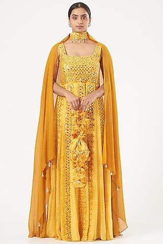 yellow embroidered anarkali set