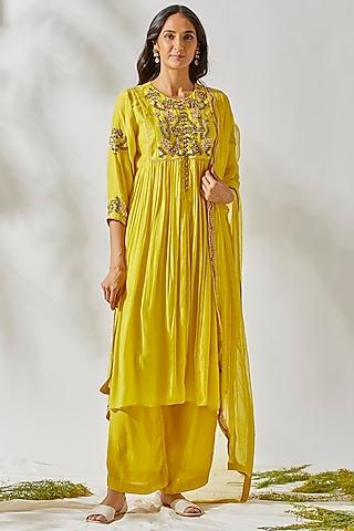 yellow embroidered anarkali set