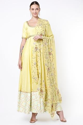 yellow embroidered anarkali set