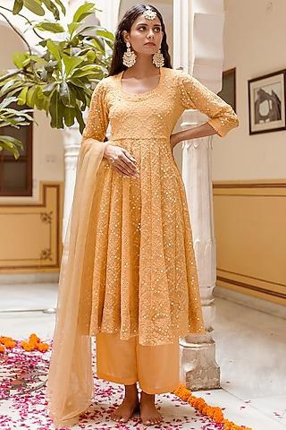 yellow embroidered anarkali set