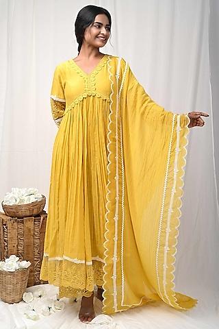 yellow embroidered anarkali set