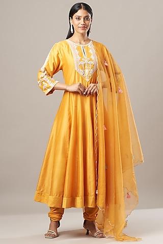 yellow embroidered anarkali set